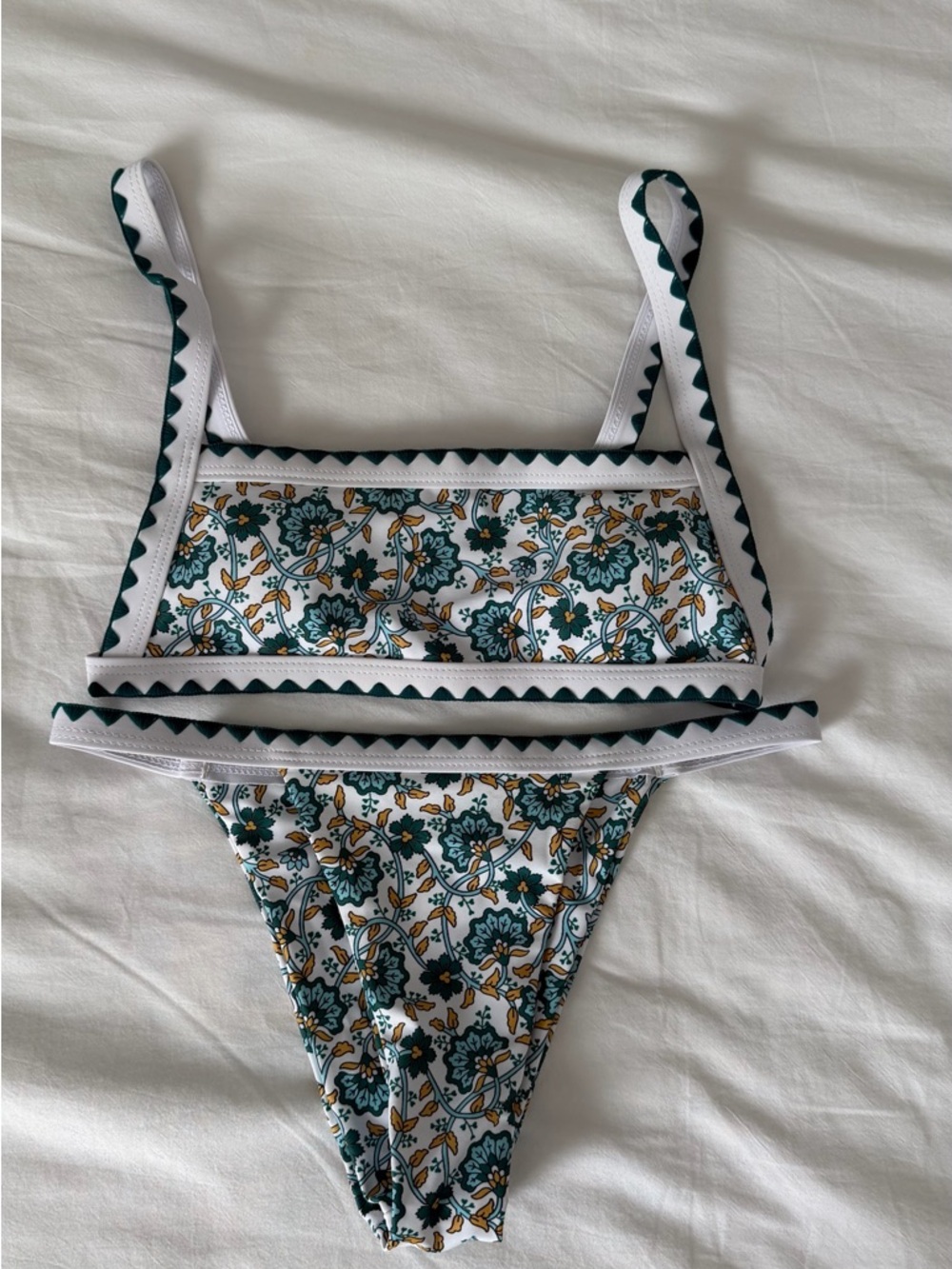Floral Two-Piece Bikini Set in White and Teal